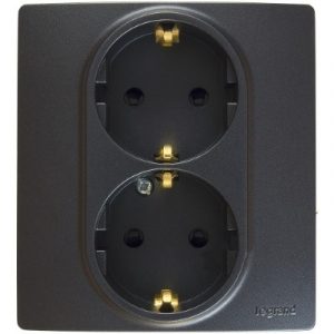 Розетка 2X2К+З (с заземленим) автоматические зажимы со шторками, 16 АХ, Антрацит. Etika — изображение 1
